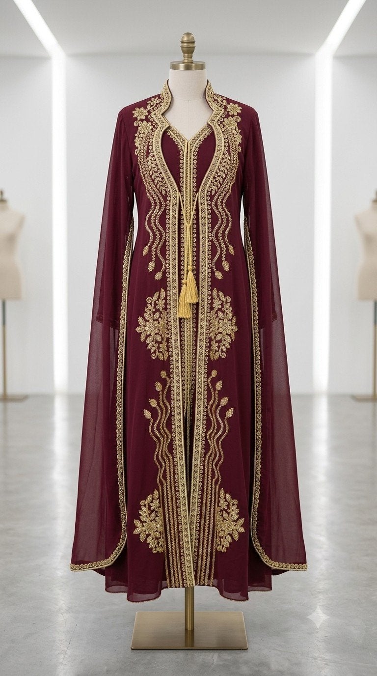 Elegante Kaftan met Gouden Borduurwerk en Riem - Maat 48/50, Kleding | Dames, Wit, Maat 46/48 (XL) of groter, Nieuw, Ophalen of Verzenden