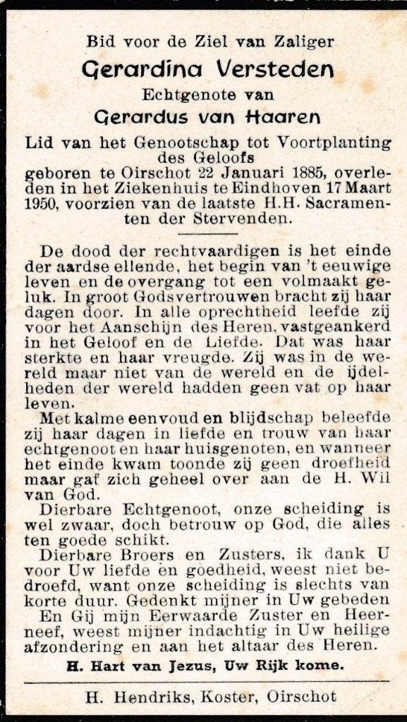 Versteden Gerardina 1885 Oirschot 1950 Eindhoven, Ophalen of Verzenden, Bidprentje