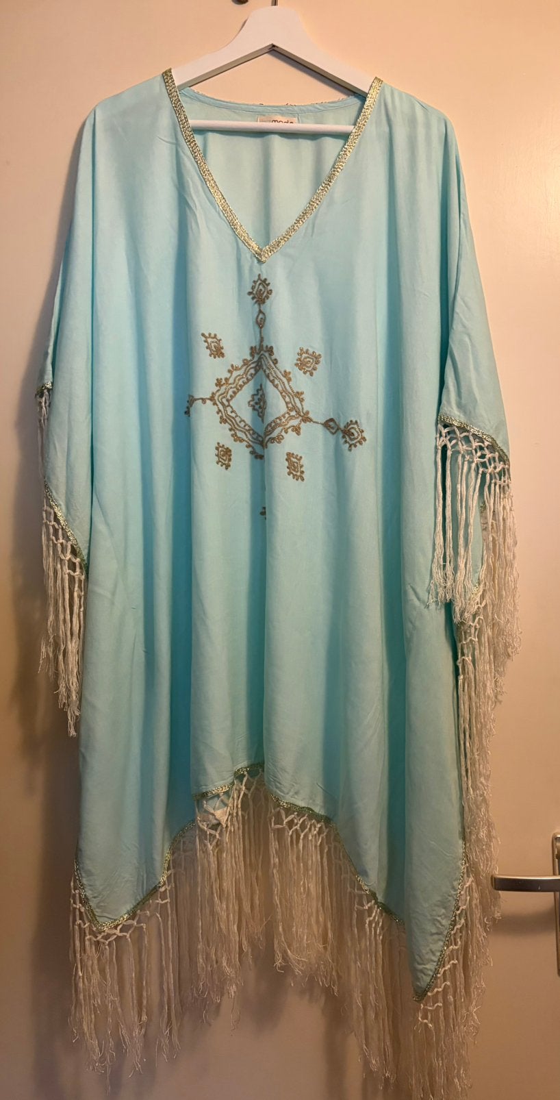 Ibz mode bohemian ibiza kaftan fringe turquoise TU tm xxl, Maat 42/44 (L), Nieuw, Knielengte, Verzenden