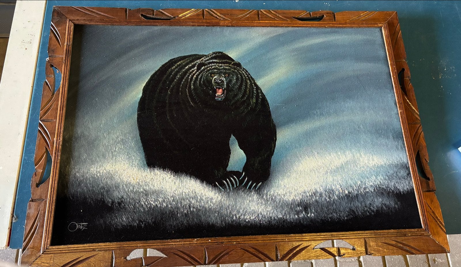 Vintage schilderij op zwart fluweel - Gesigneerd Ortiz, Antiek en Kunst, Overige ondergronden, Dieren, Ophalen of Verzenden, Gesigneerd