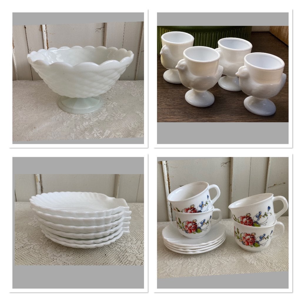 Brocante opaline schaal op voet - eierdopjes - schelpen, Antiek en Kunst, Ophalen