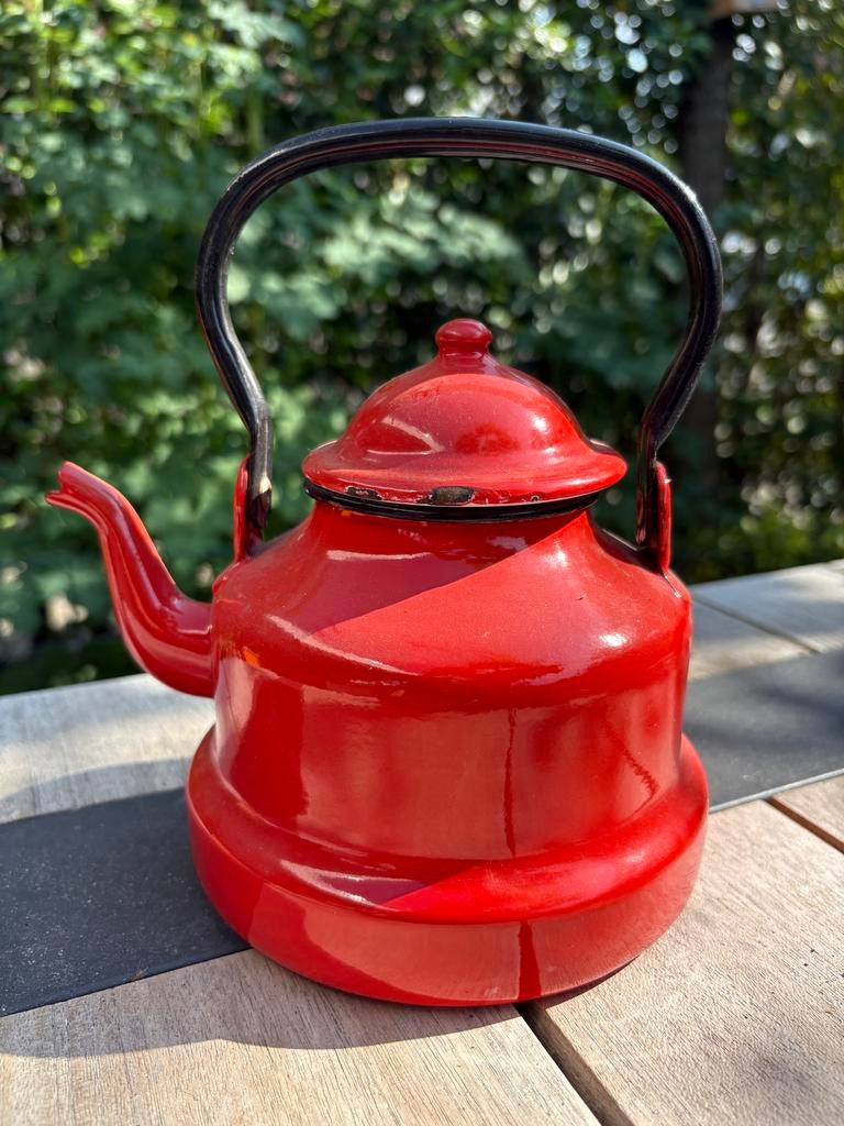 Nr1. Vintage Emaille theepot, koffiepot rood doorsnede 14 cm, Ophalen of Verzenden