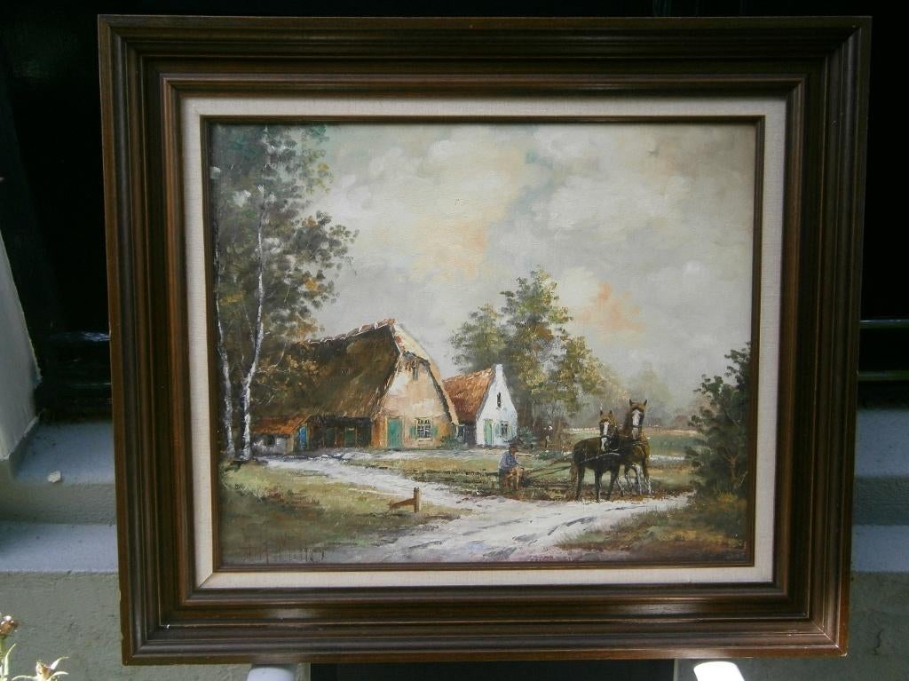 Jan Hendrik Miller: Boerenwoningen met span paarden, Antiek en Kunst, Ophalen of Verzenden