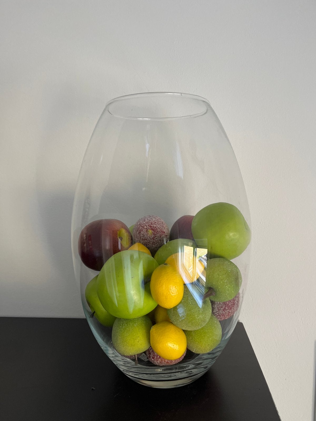 Mooie glazen vaas met kunstfruit, Ophalen, Transparant, Inclusief decoratie, Glas