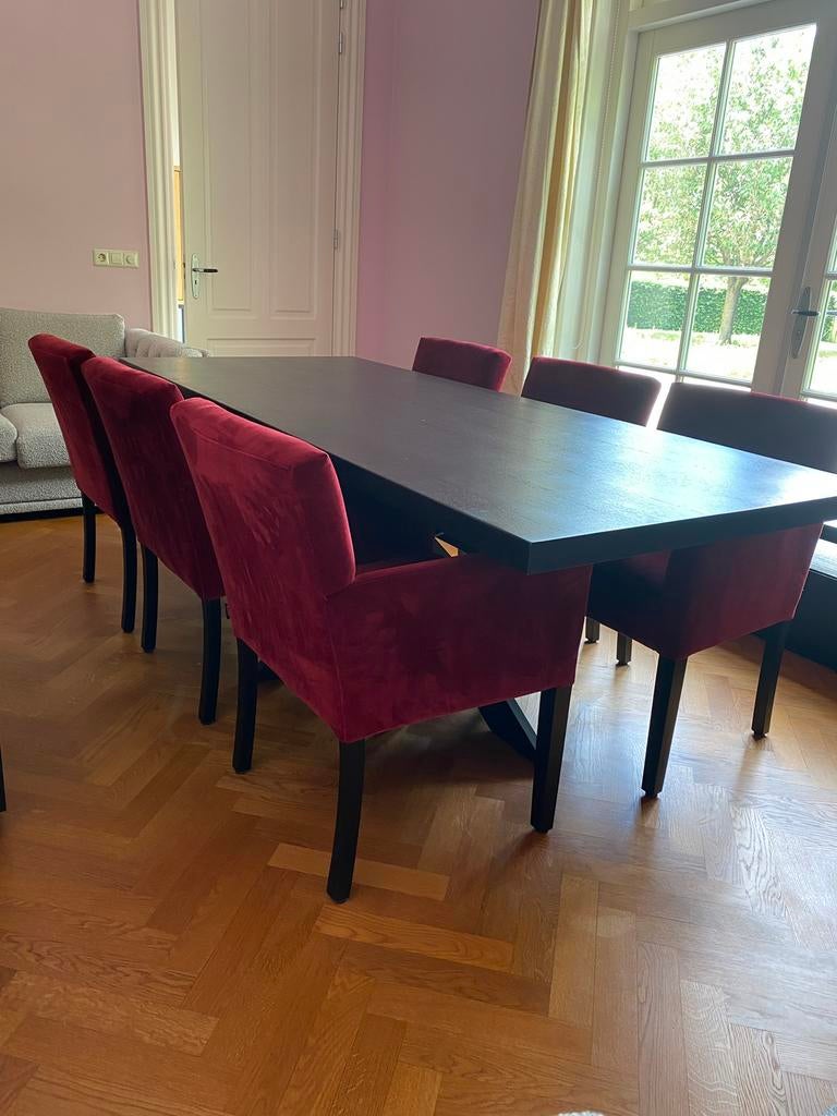 Complete eetkamer 6 armstoeldn Olav zwarte spinpoot Richmond, Ophalen, Zo goed als nieuw, Hotel chic landelijk, 8 stoelen of meer