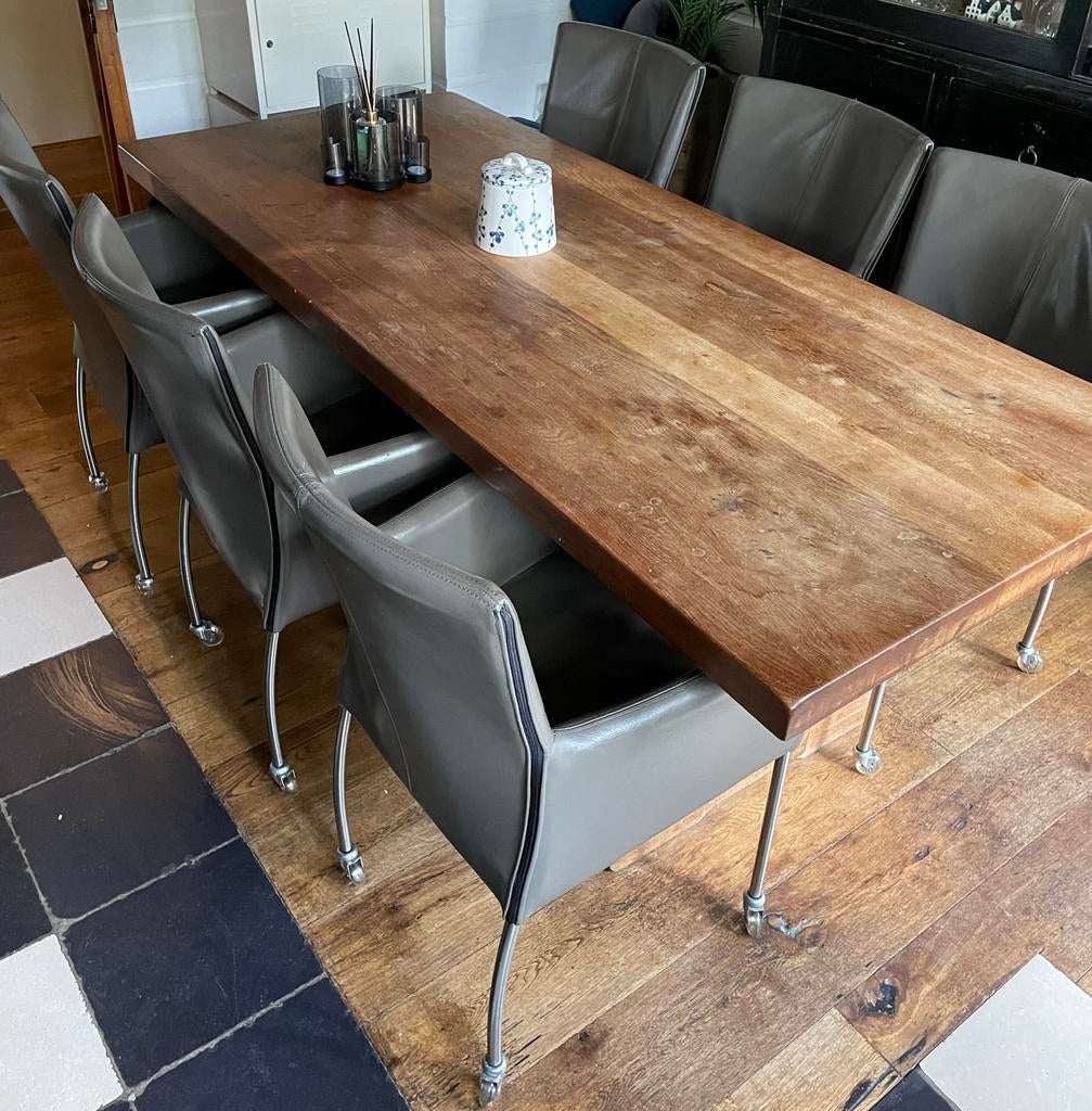 Eetkamerstoelen, 6 x eettafel stoelen, leer, verrijdbaar., Huis en Inrichting, Stoelen, Ophalen, Gebruikt, Leer, Grijs
