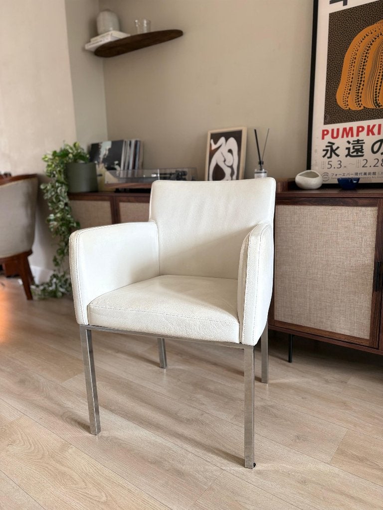 4 design eetkamerfauteuils / armstoelen, Ophalen, Gebruikt, Wit, Leer