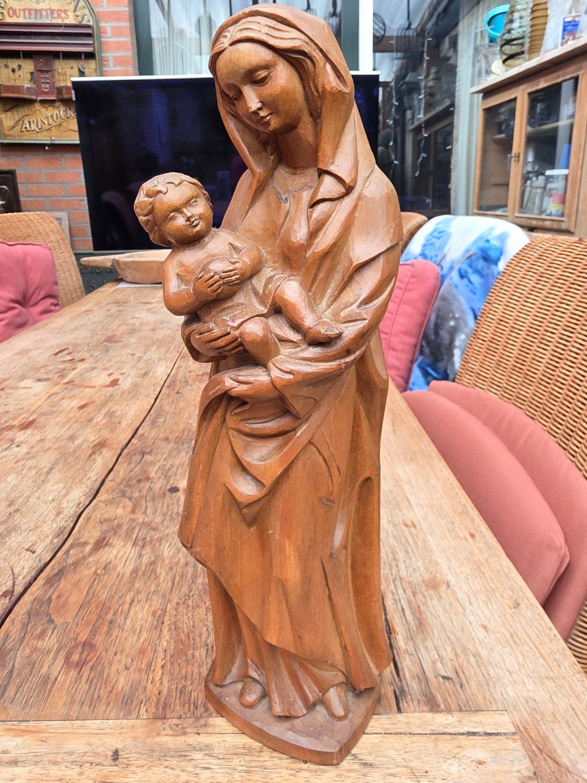 Houten beeld Maria met kind - Religieuze kunst, Ophalen of Verzenden, Handgemaakt, 20 - 50 cm, Beeld
