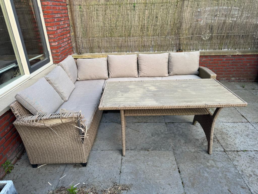 Tuinset compleet - weinig gebruikt, schade aan 1 kant, Ophalen, 5 zitplaatsen, Gebruikt, Wicker