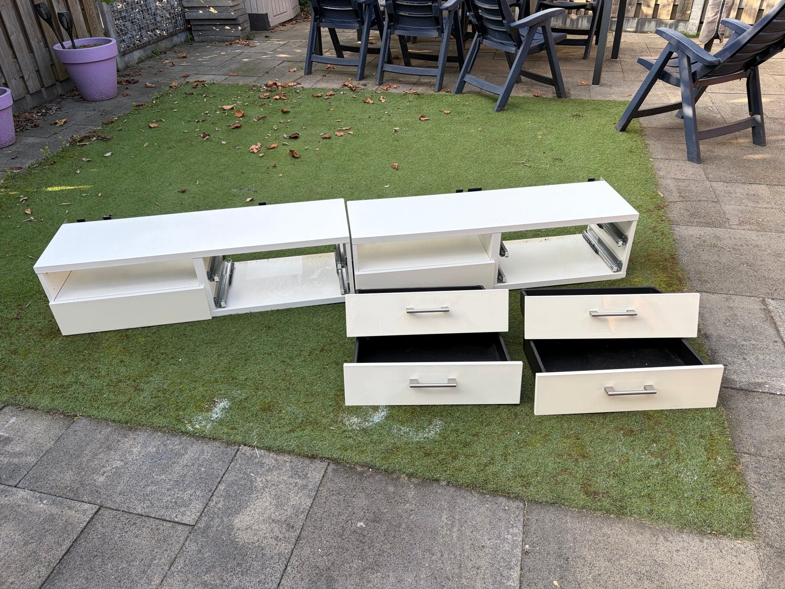 Witte zwevende tv-meubel met lades, Ophalen, Kunststof, Gebruikt, 200 cm of meer