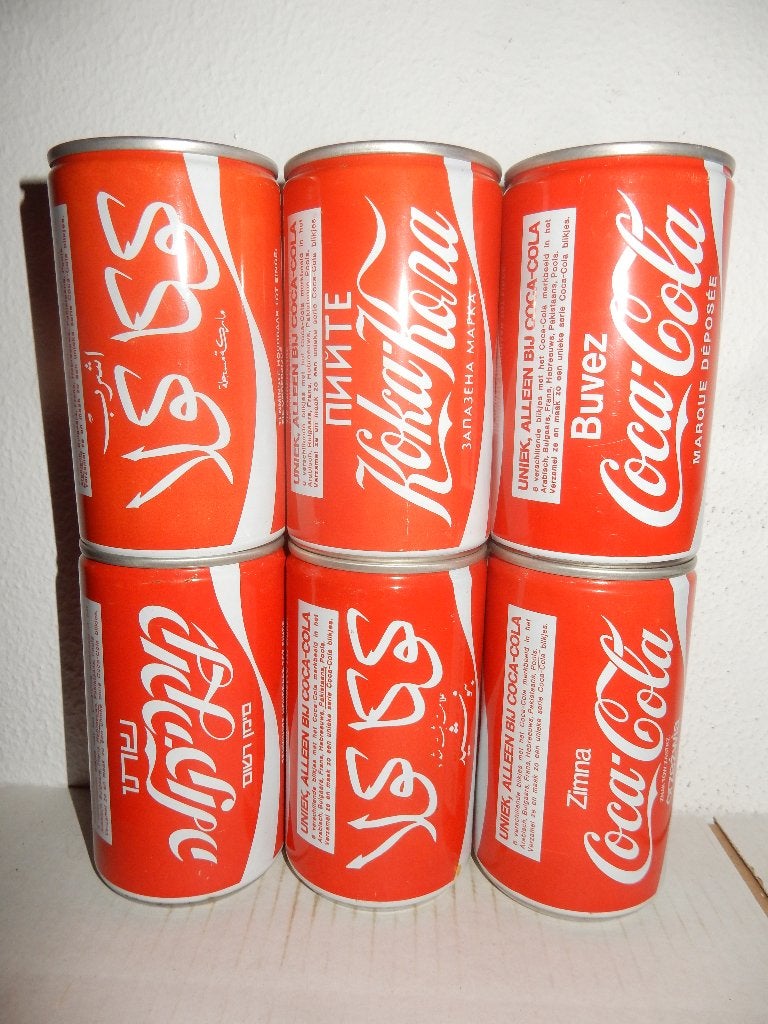 1984 COCA COLA 6  Blikjes TALEN set uit NEDERLAND (33cl), Ophalen of Verzenden, Gebruiksvoorwerp