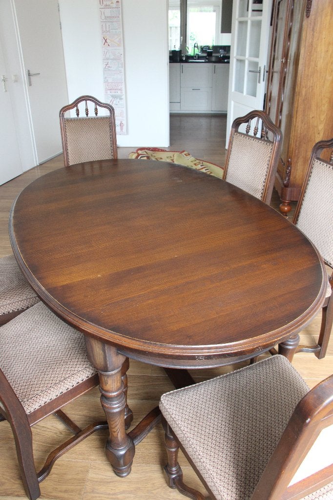 Eetkamer tafel + stoelen (massief eiken), Ophalen, Gebruikt, 4 tot 6 stoelen
