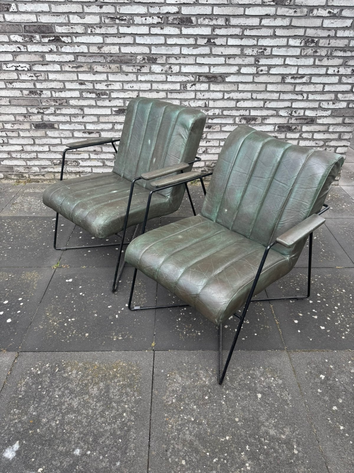 2X Donkergroene Hochrach Fauteuils, Ophalen, Twee, Overige kleuren, Leer