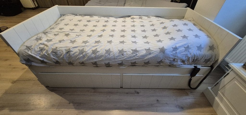 Bed met 2 laden, elektisch verstelbare lattenbodem en matras, Ophalen, 90 cm, Eenpersoons, Wit