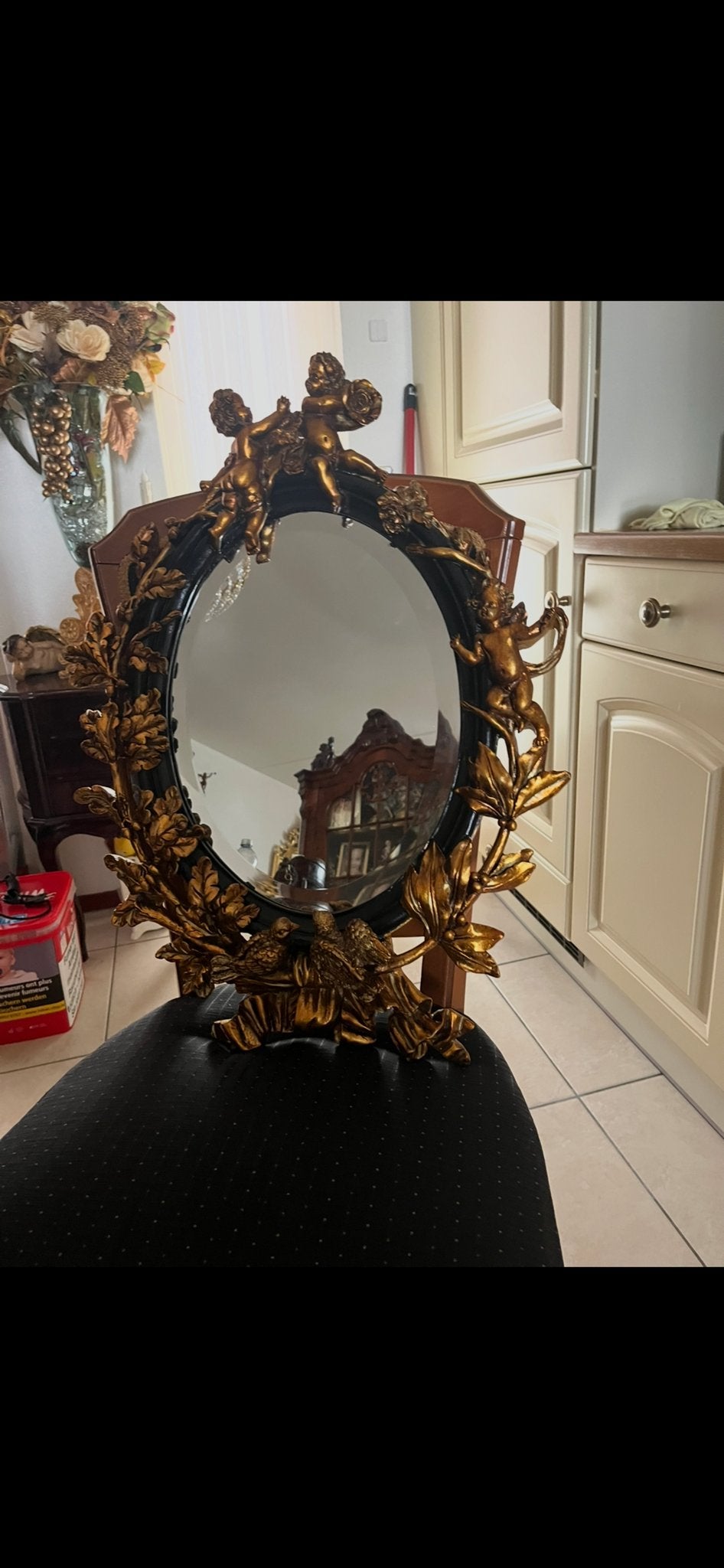 Prachtige antieke barok/rococo spiegel-Handgestoken hout, Antiek en Kunst, Ophalen, Ovaal, 50 tot 100 cm, Minder dan 100 cm