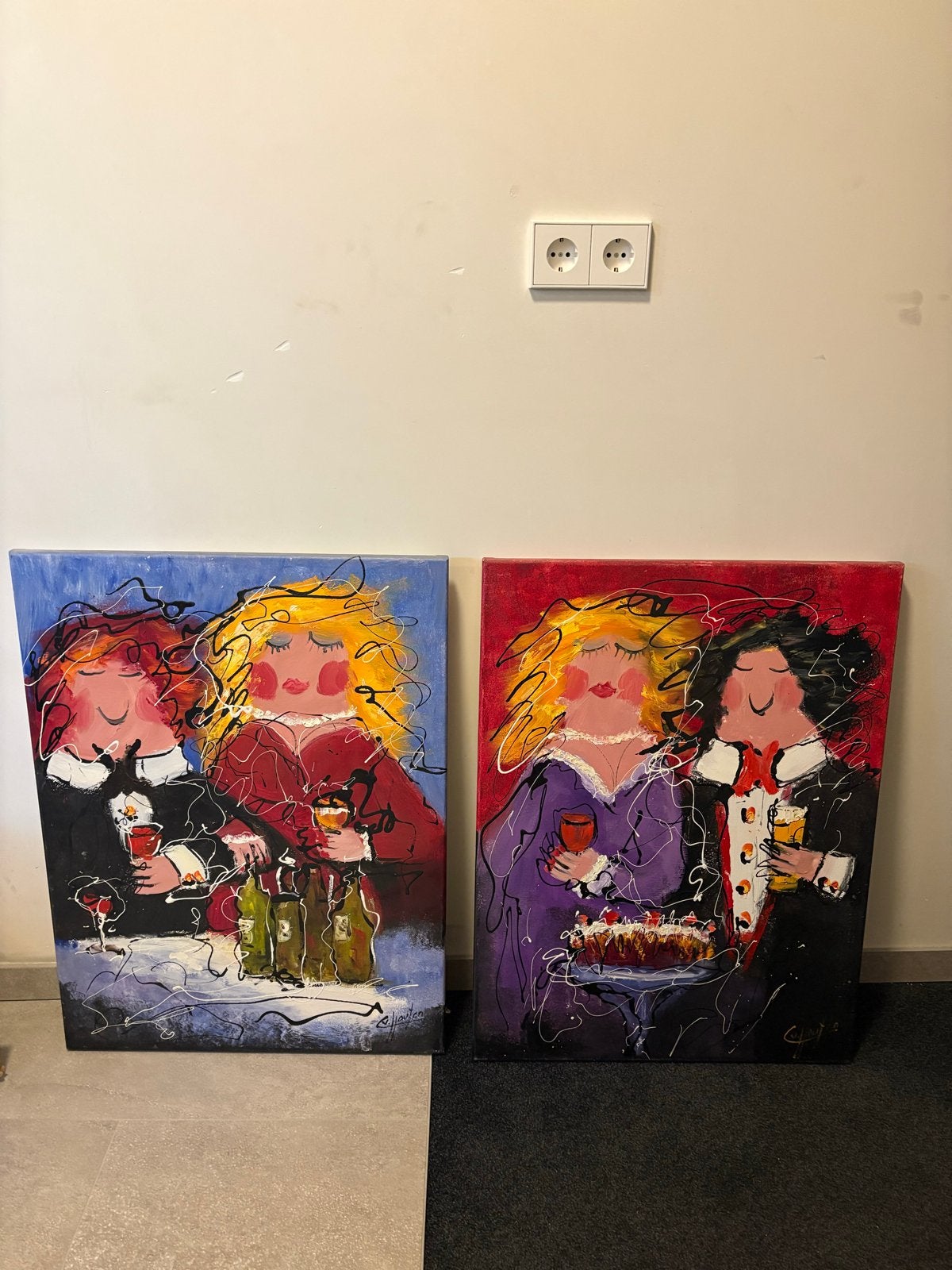 2 schilderijen 60x80cm Bourgondisch Gezelschap, Antiek en Kunst, Kunst | Schilderijen | Modern, Handgeschilderd, Ophalen of Verzenden
