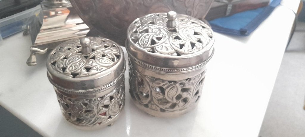 Set mooie Potpourri potten, Huis en Inrichting, Woonaccessoires | Overige, Ophalen, Metaal, Zilver, Landelijk