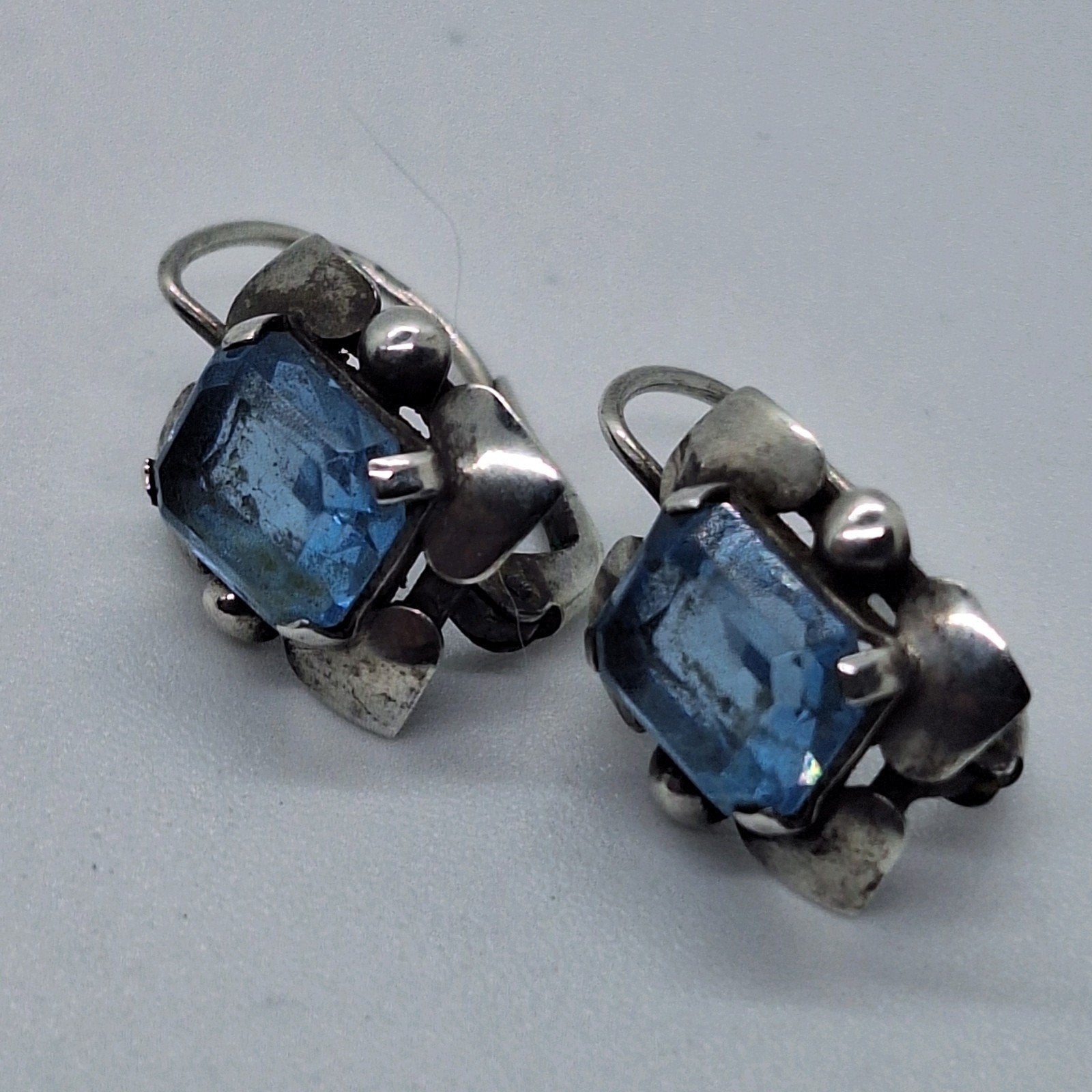 Zilveren Art Deco Oorhangers met Aquamarijn (jaren '20), Blauw, Ophalen of Verzenden, Met edelsteen, Zilver