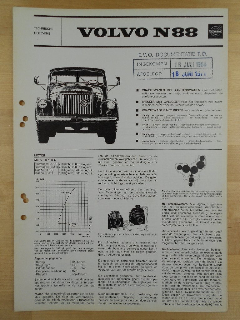 Volvo N88 Technische Specificatie Brochure 1967 Torpedo Neus, Volvo, Zo goed als nieuw, Volvo, Ophalen of Verzenden