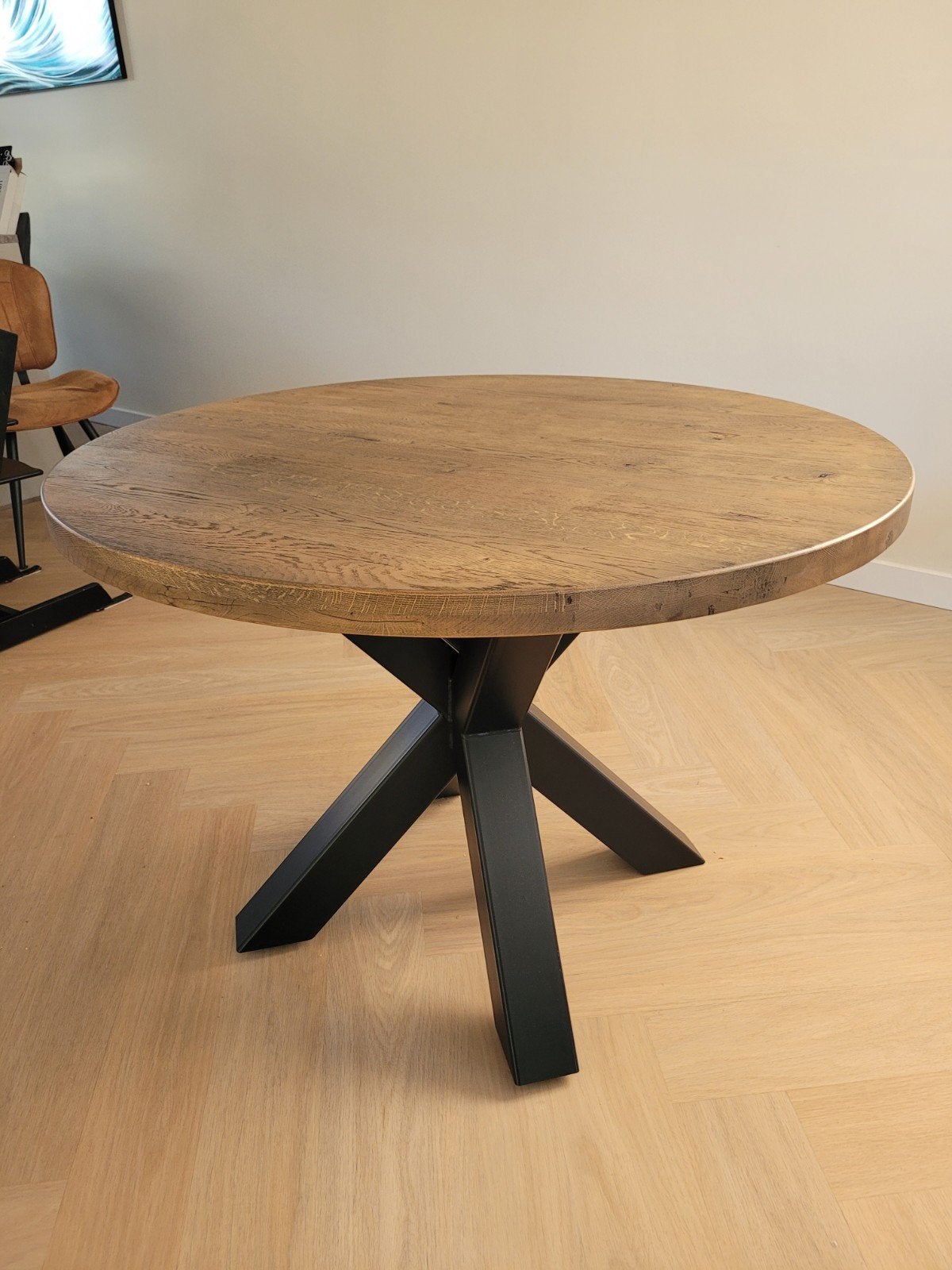 Ronde eettafel eikenhout met stalen spinpoot - 110 cm, Ophalen, Rond, Zo goed als nieuw, Eikenhout