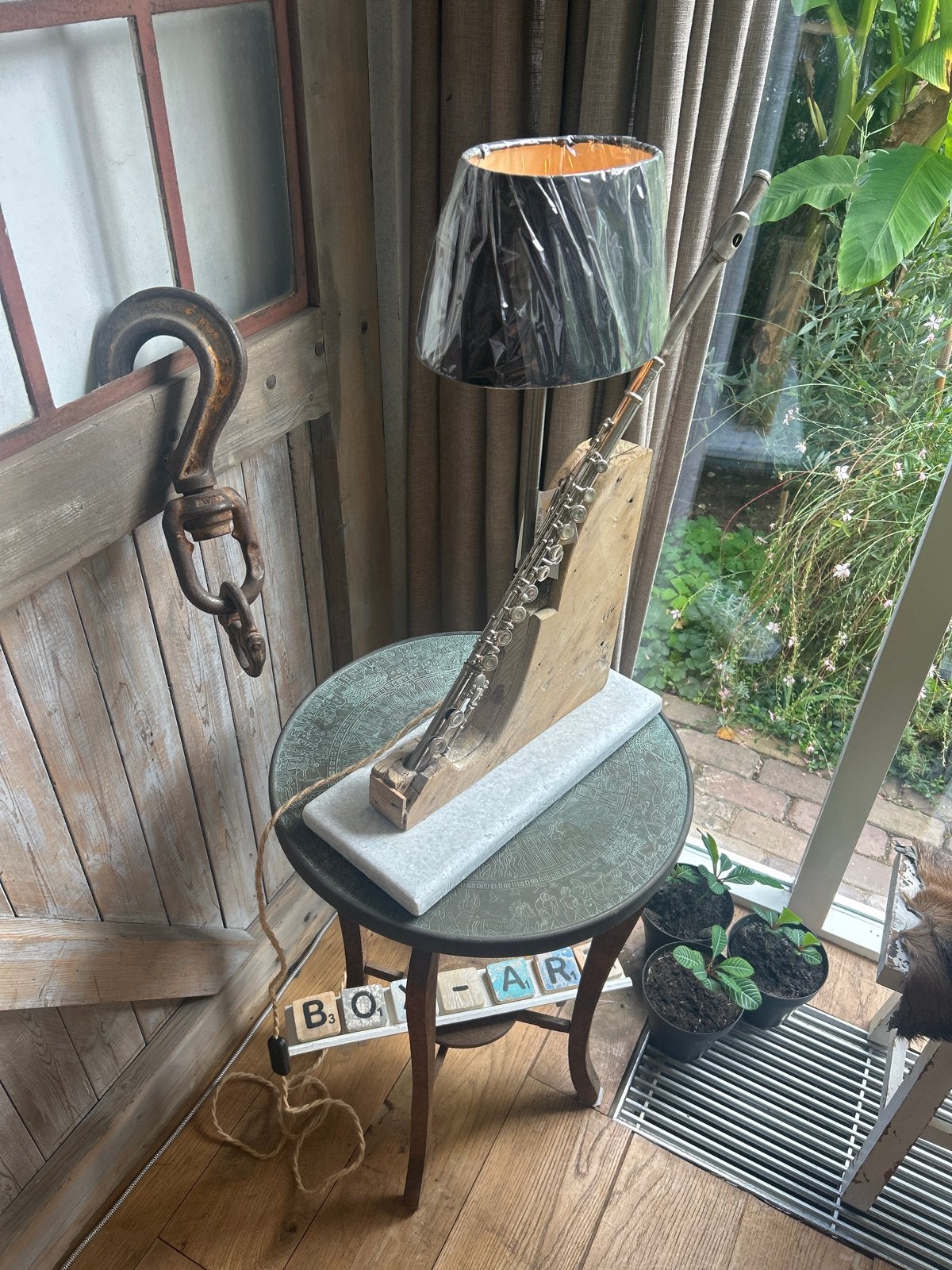 Unieke Box-Art Dwarsfluit Muzieklamp op marmeren voet, Antiek en Kunst, Ophalen of Verzenden