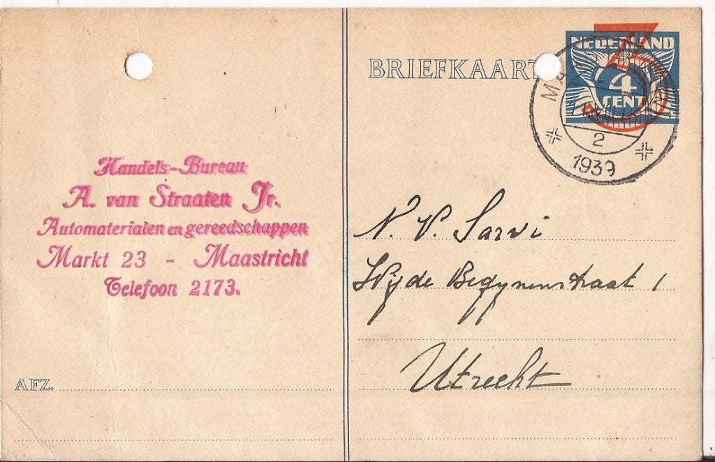 MAASTRICHT 1939 A v STRAATEN Jr Automaterialen Markt 23, Verzamelen, Ophalen of Verzenden, 1920 tot 1940, Gelopen, Limburg