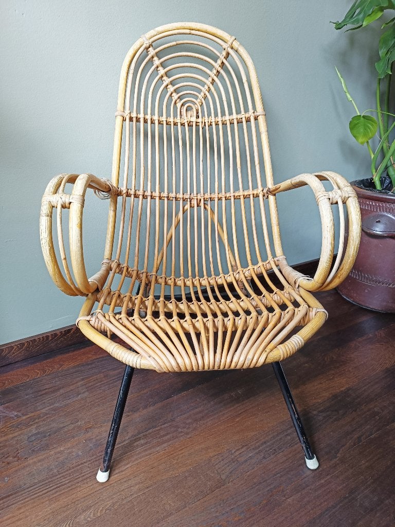 Rohé Noordwolde rotan stoel fauteuil 1950’s, Ophalen, Gebruikt, Bruin, Riet of Rotan