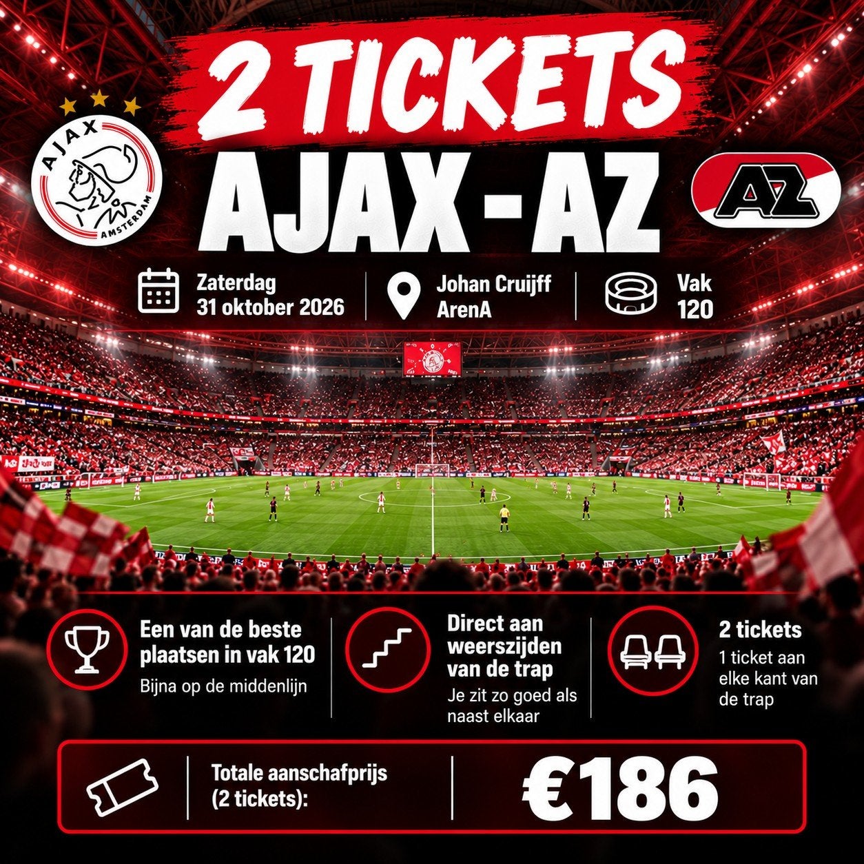 2 tickets Ajax – AZ | Vak 120 | Bijna op de middenlijn, Twee personen, Oktober