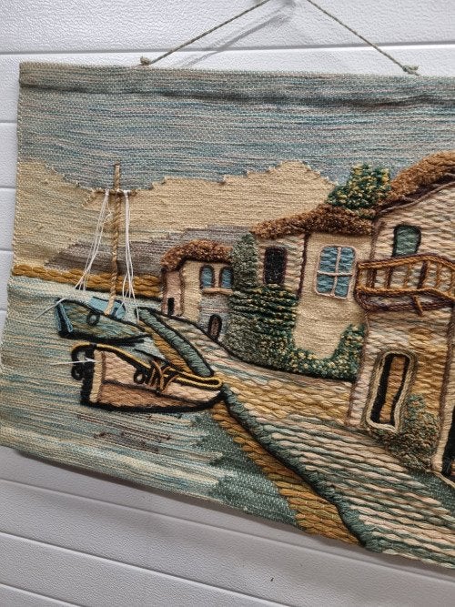wanddoek schilderij boten en huis vintage, Ophalen of Verzenden, 'T Olde Gre-j, Info@toldegrej.nl, Endepoelstraat 20f Didam