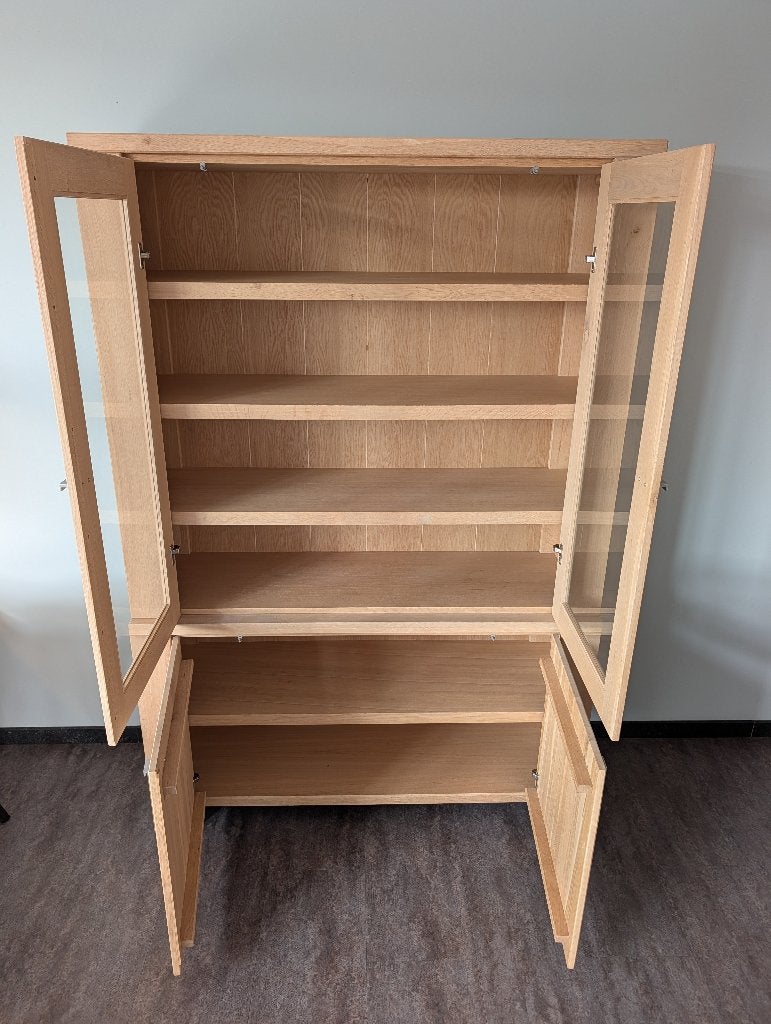Licht eiken vitrinekast 208 cm met glazen deuren, Ophalen, Met deur(en), 100 tot 150 cm, 200 cm of meer