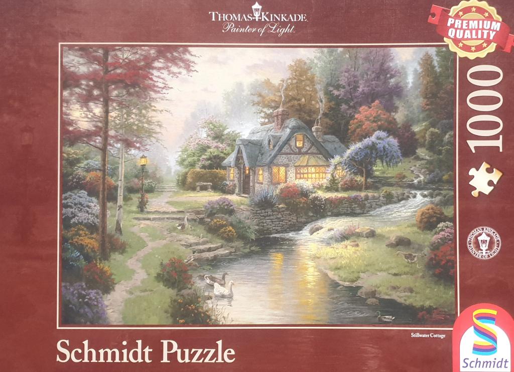 Schmidt puzzel Thomas Kincade Stillwater Cottage 1000 pc.zgn, Ophalen of Verzenden, 500 t/m 1500 stukjes, Zo goed als nieuw, Legpuzzel