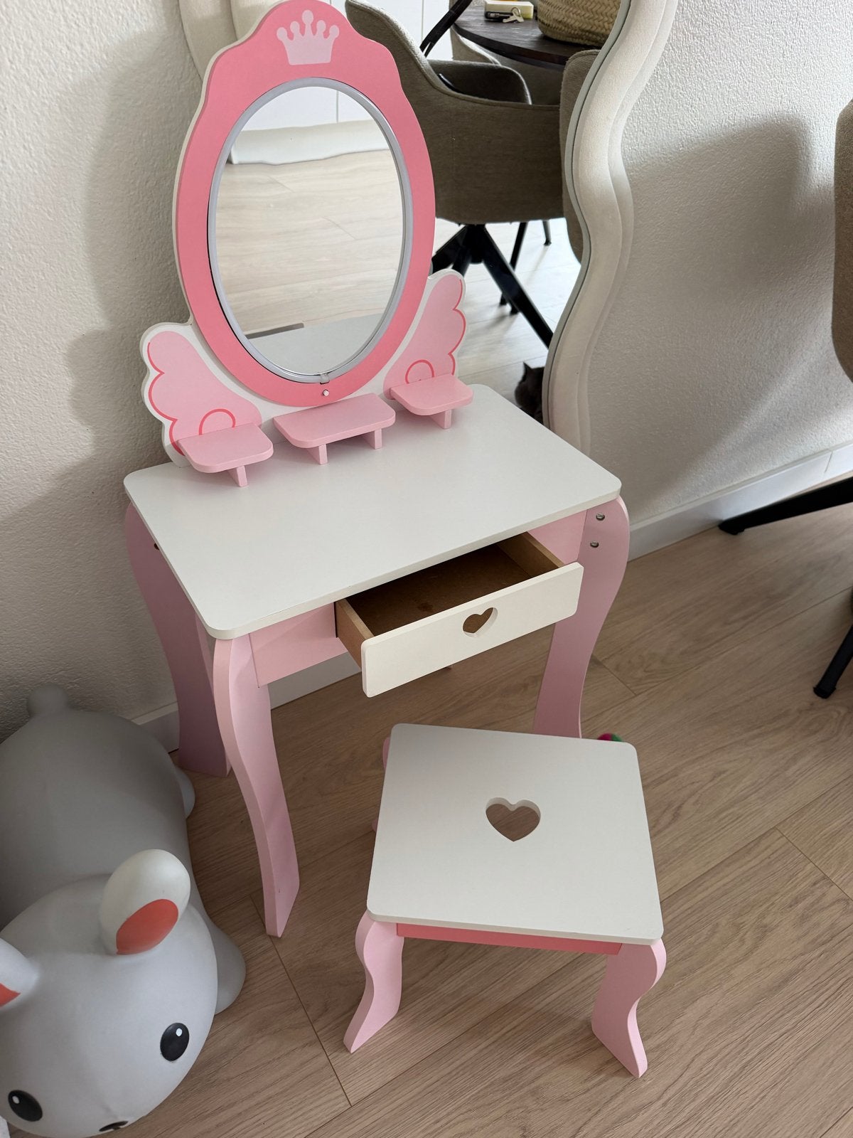 Roze kaptafel met spiegel en krukje voor kinderen, Ophalen, Gebruikt, Tafel