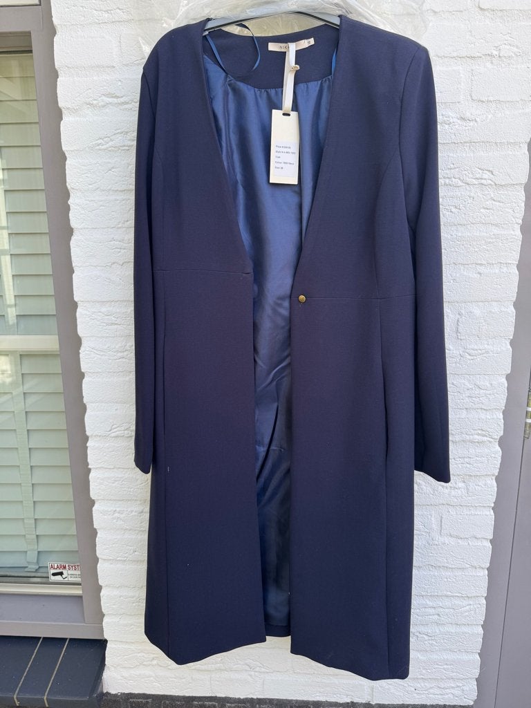 Nieuwe NIKKIE lange mantel blazer jas donkerblauw mt 38, Maat 38/40 (M), Blauw, Nieuw, Ophalen of Verzenden