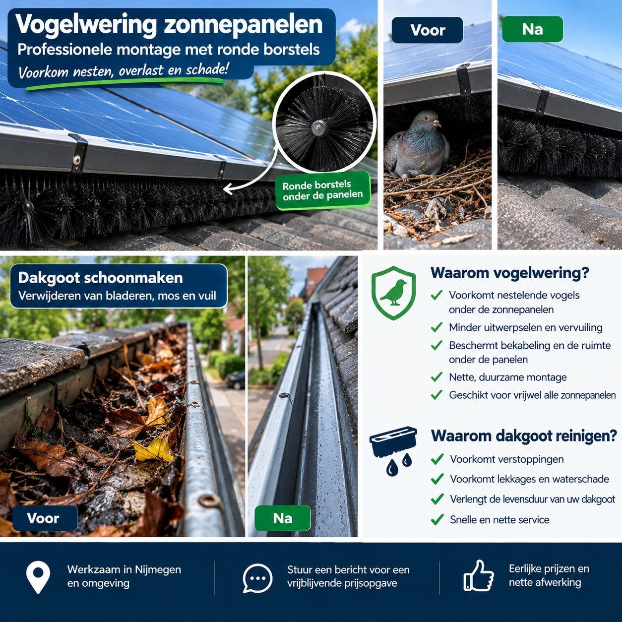 Vogelwering Zonnepanelen & Dakgoot Schoonmaken, 24-uursservice