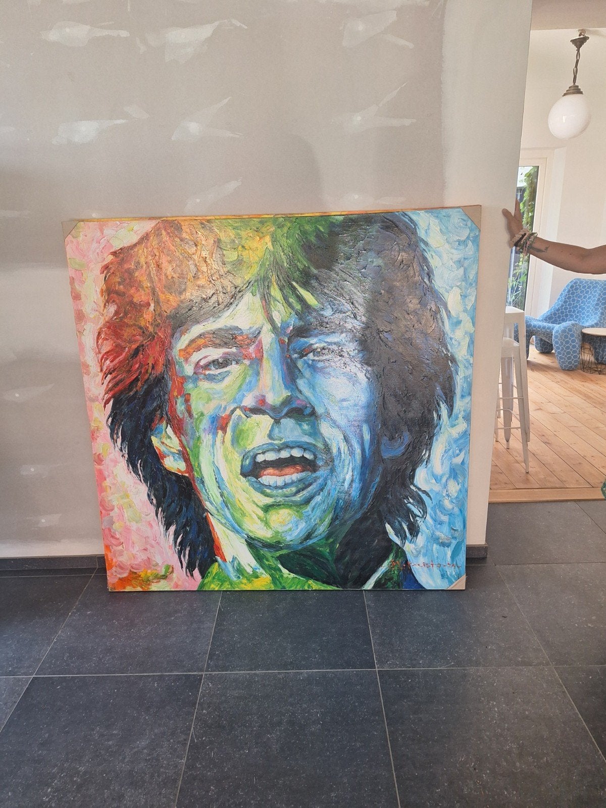 Kleurrijk Schilderij Mick Jagger - 150x150 cm, Ophalen of Verzenden, Olieverf, Muziek, Handgeschilderd