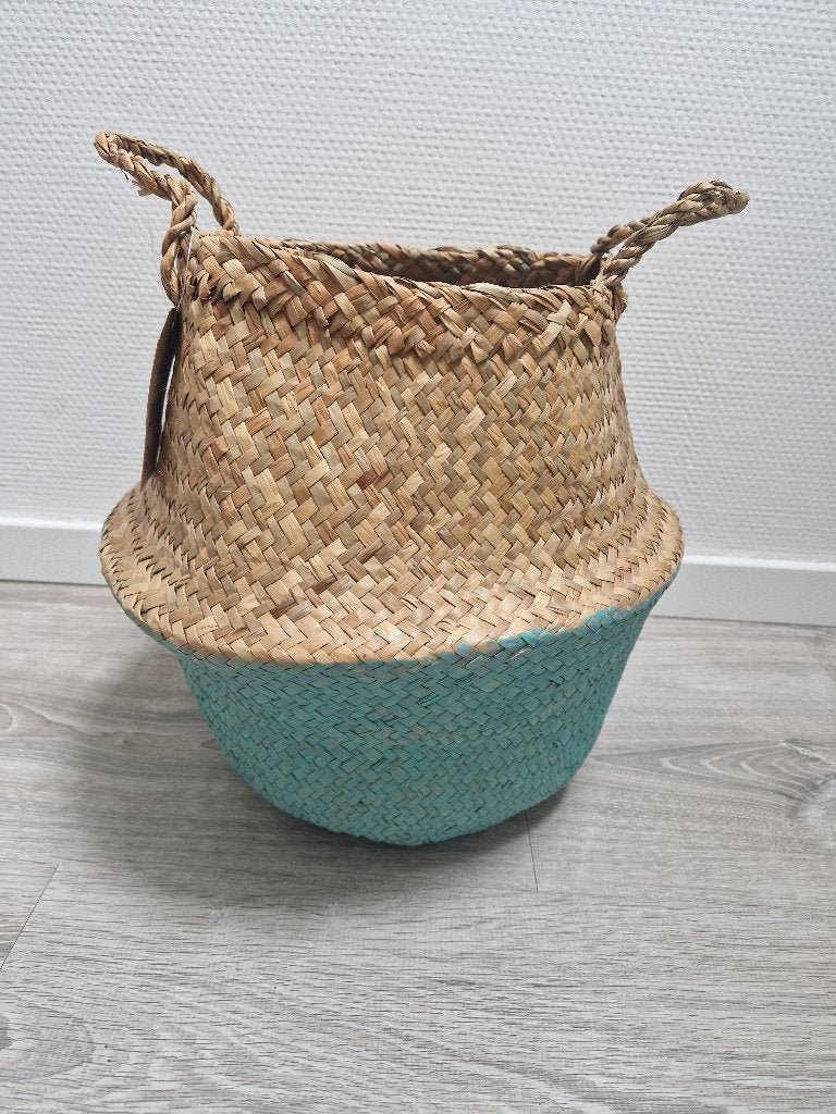 Nieuwe mand in Ibiza stijl met turquoise rand, Ophalen of Verzenden, Nieuw, Rond, Riet