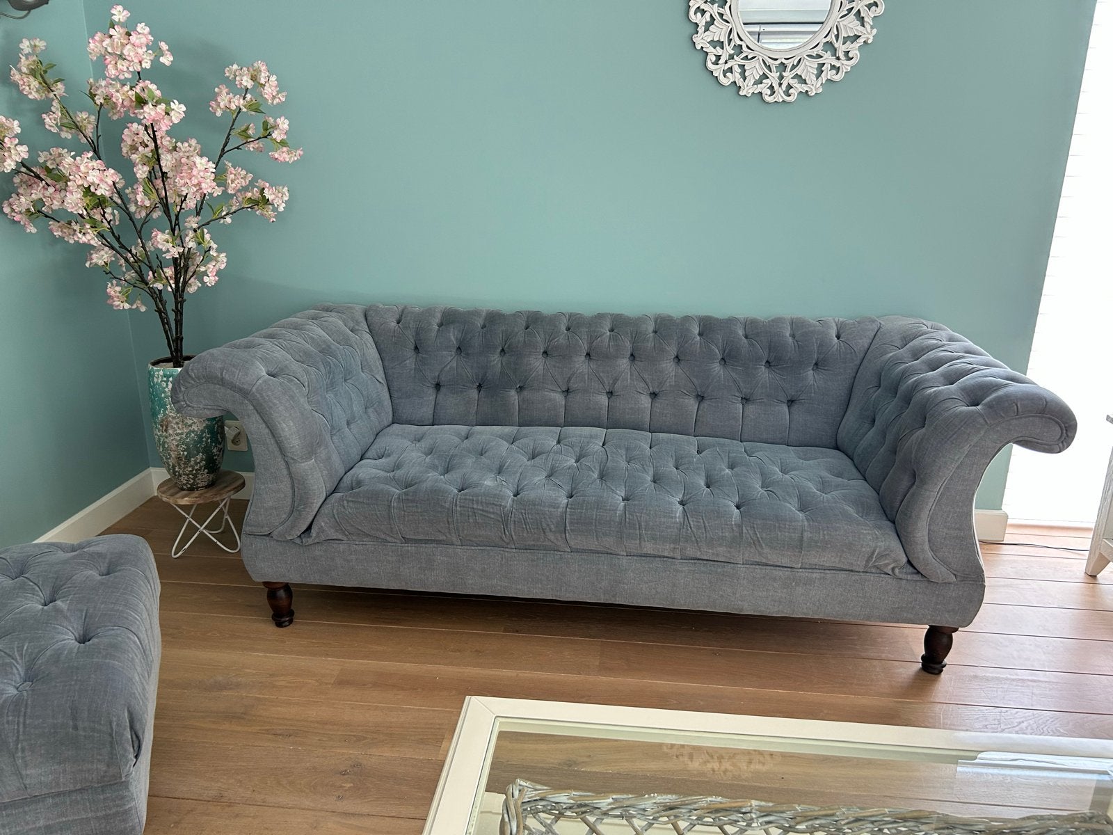 Chesterfield bank en fauteuil met poef, Ophalen, Gebruikt, 150 tot 200 cm, 75 tot 100 cm