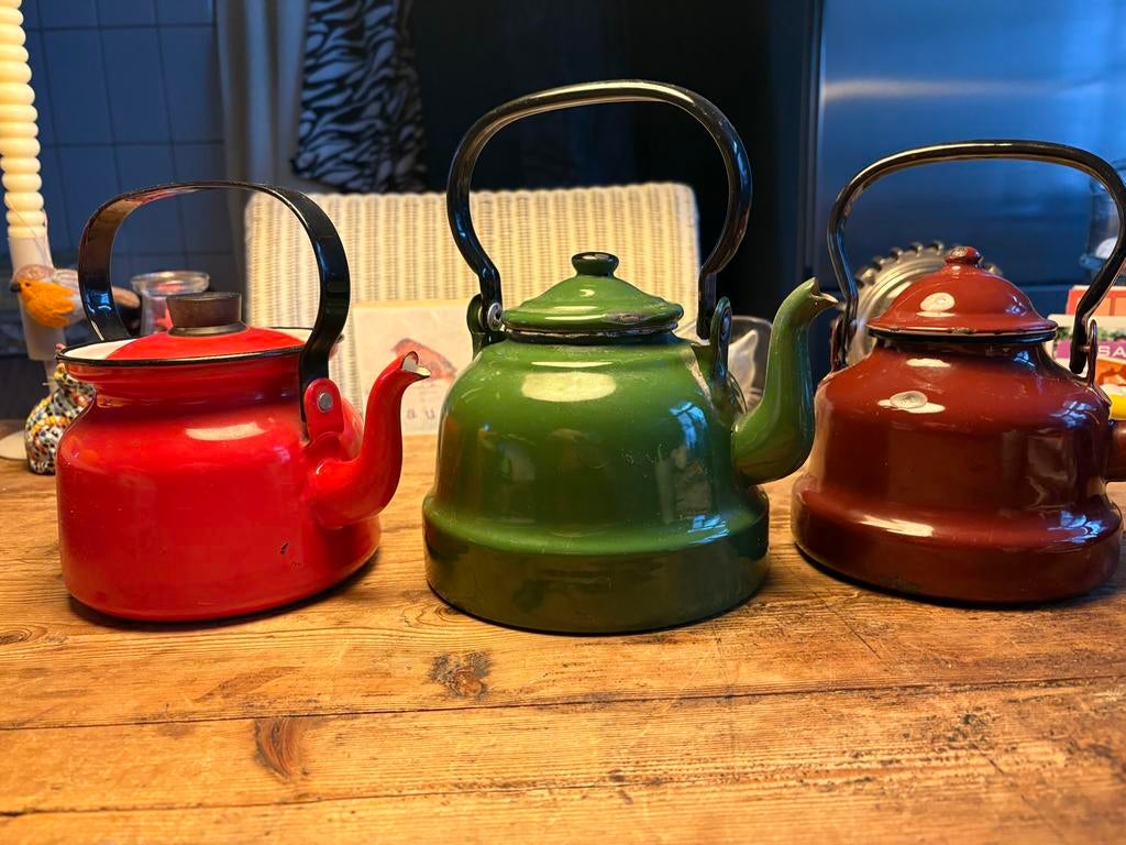 Keteltjes oud emaille voor decoratie - set van 3, Ophalen of Verzenden