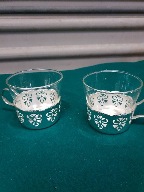 Theeglazen met verzilverde houder met oor, Schott Mainz Jena, Ophalen of Verzenden, 'T Olde Gre-j, Info@toldegrej.nl, Endepoelstraat 20f Didam
