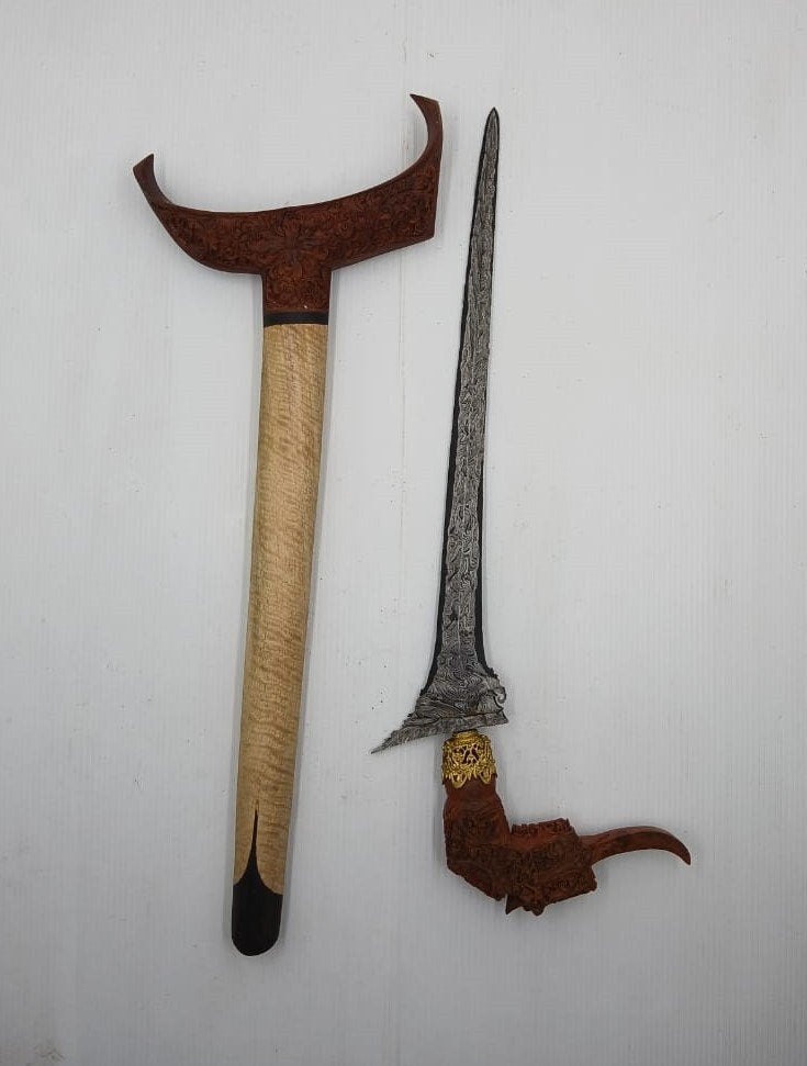 Kris Tajong Pamor Lar Gangsir Sawo hout Handle Pekakak KDA17, Wapen, Verzenden, 54 cm, Overige materialen