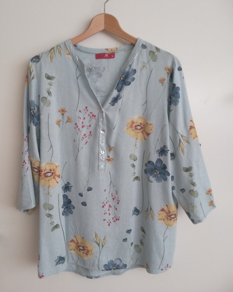 Lea H. blauwe linnen blouse met bloemen, maat L, Oosterveldweg 15, 7274 DZ, Maat 42/44 (L), Zo goed als nieuw, Lea H.