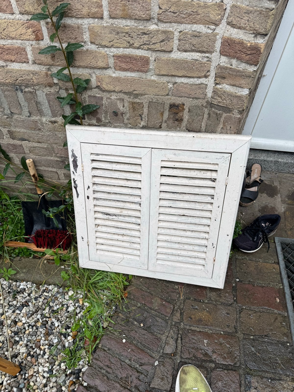 Vintage spiegel met luiken - Wit houten decoratie, Ophalen, Gebruikt, Minder dan 100 cm, Rechthoekig