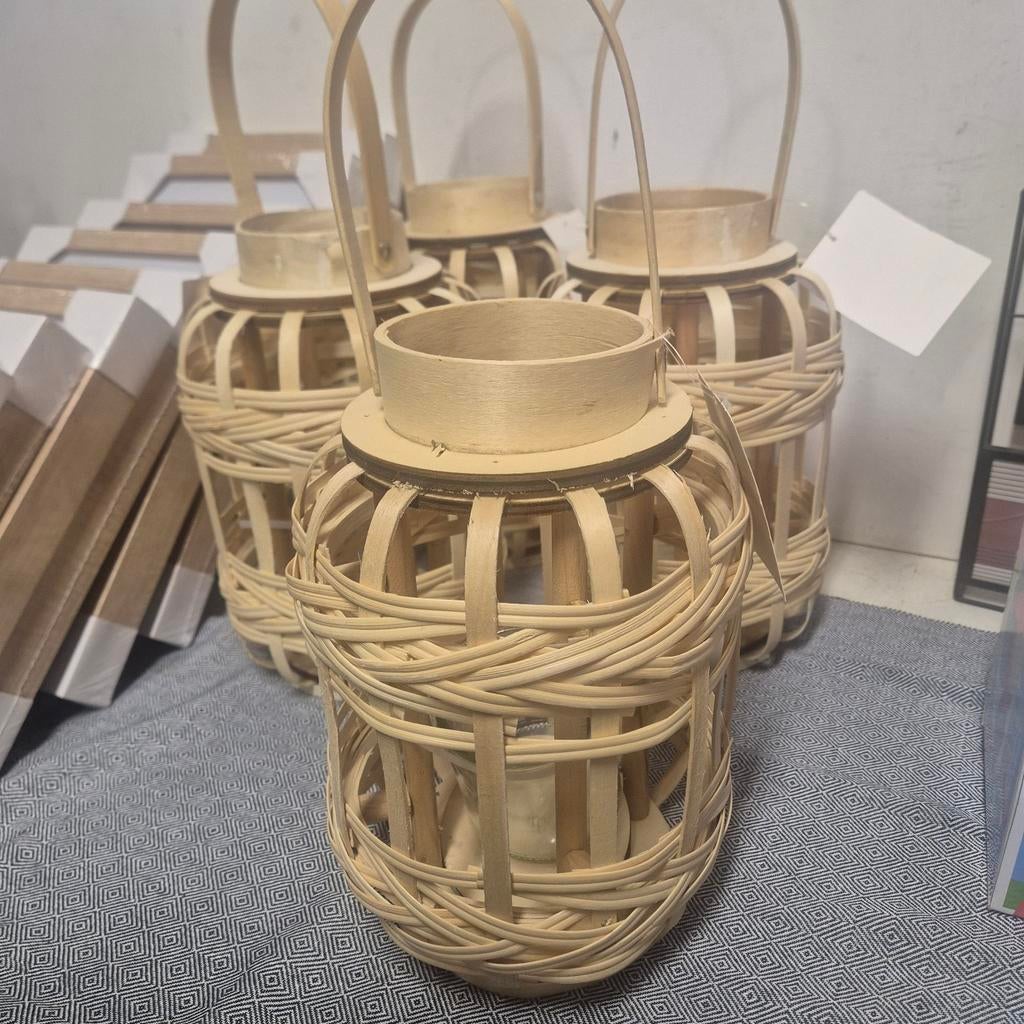 Lantaarn bamboe met glas - 18x18x28cm FSC 100% natuurlijk, Ophalen of Verzenden, Nieuw, Boho, Natuurlijk, Scandinavisch