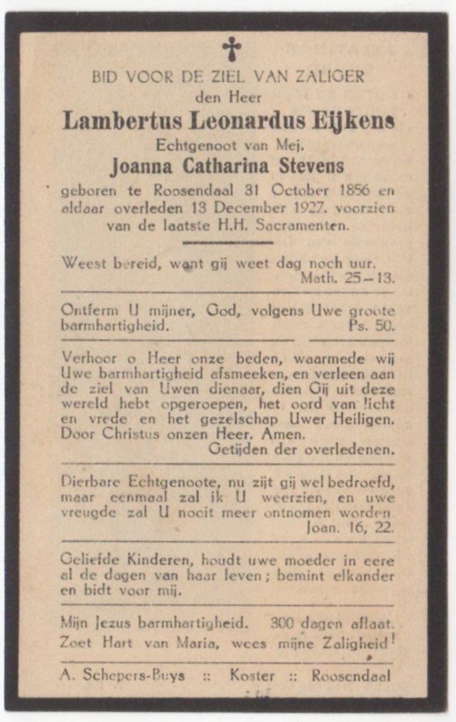 Lambertus L. Eijkens 1856 Roosendaal + 1927 Roosendaal, 71 j, Verzenden