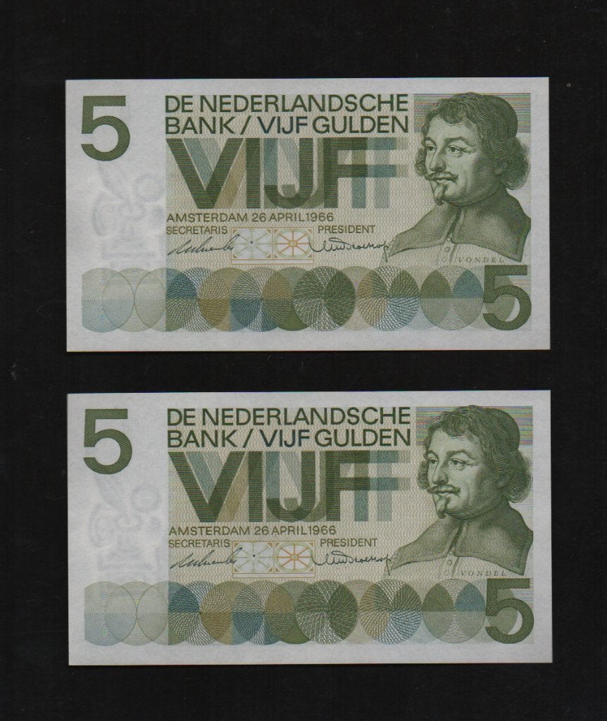 Setje 5 Gulden Bankbiljetten 1966 opéénvolgende nummers, Ophalen of Verzenden, 10 gulden, Setje