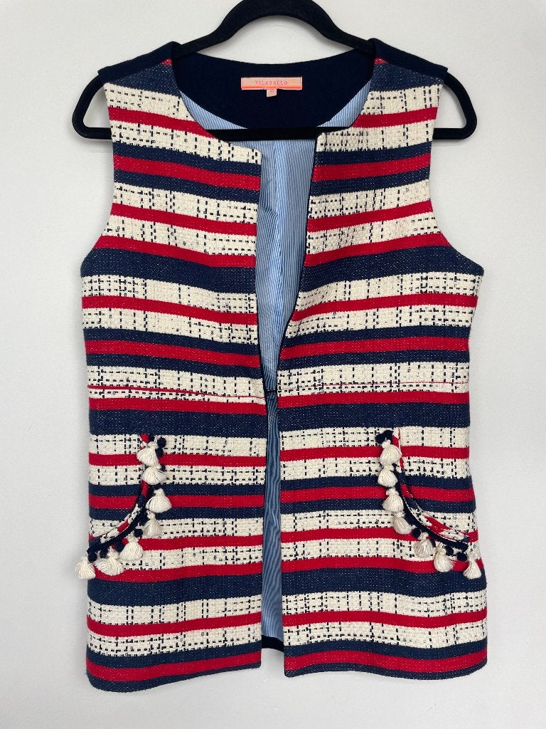 Vilagallo gilet maat 38 preppy bohemian stijl blauw creme, Maat 38/40 (M), : Calle Velázquez 44, 28001 Madrid, Spanje, Blauw, Ophalen of Verzenden