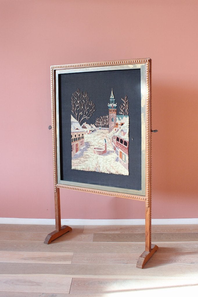 Antiek haardscherm met winters tafereel. Vintage paneel, Ophalen, O, Overige soorten, O