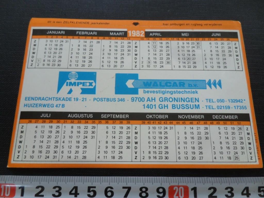 sticker Kalender 1982 Groningen Bussum IMPEX WALCAR bv *, Ophalen, Zo goed als nieuw