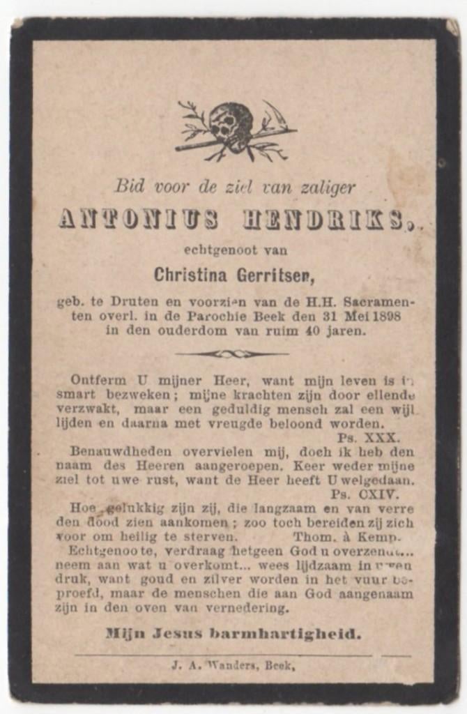 Antonius Hendriks 1858 Druten + 1898 Beek, 40 jaar oud, Verzenden
