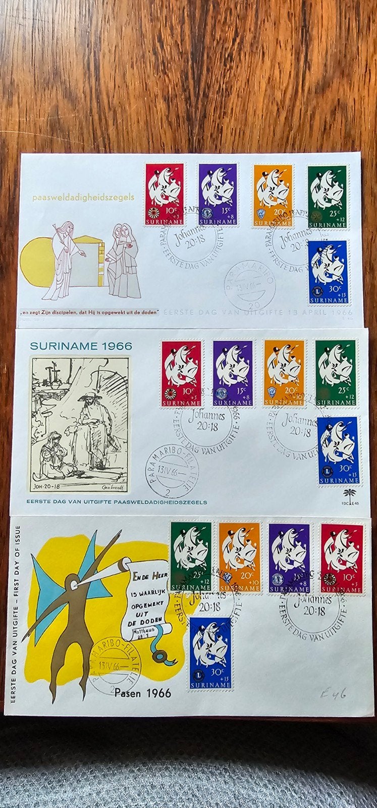 3 FDC's Suriname E46 - Paasweldadigheidszegels 1966, Postzegels en Munten, Verzenden, Luxemburg